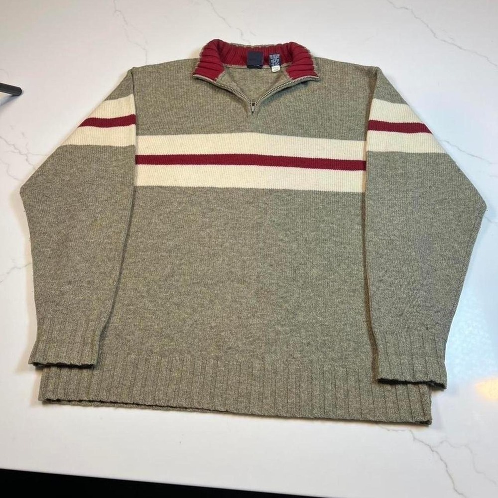 Gap Mens Large Lambswool Quarter Zip Sweater Gray Striped Vintage Pullover